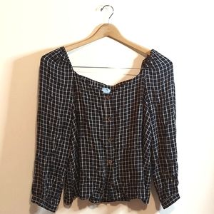 CeCe Off-Shoulder Blue Plaid Shirt